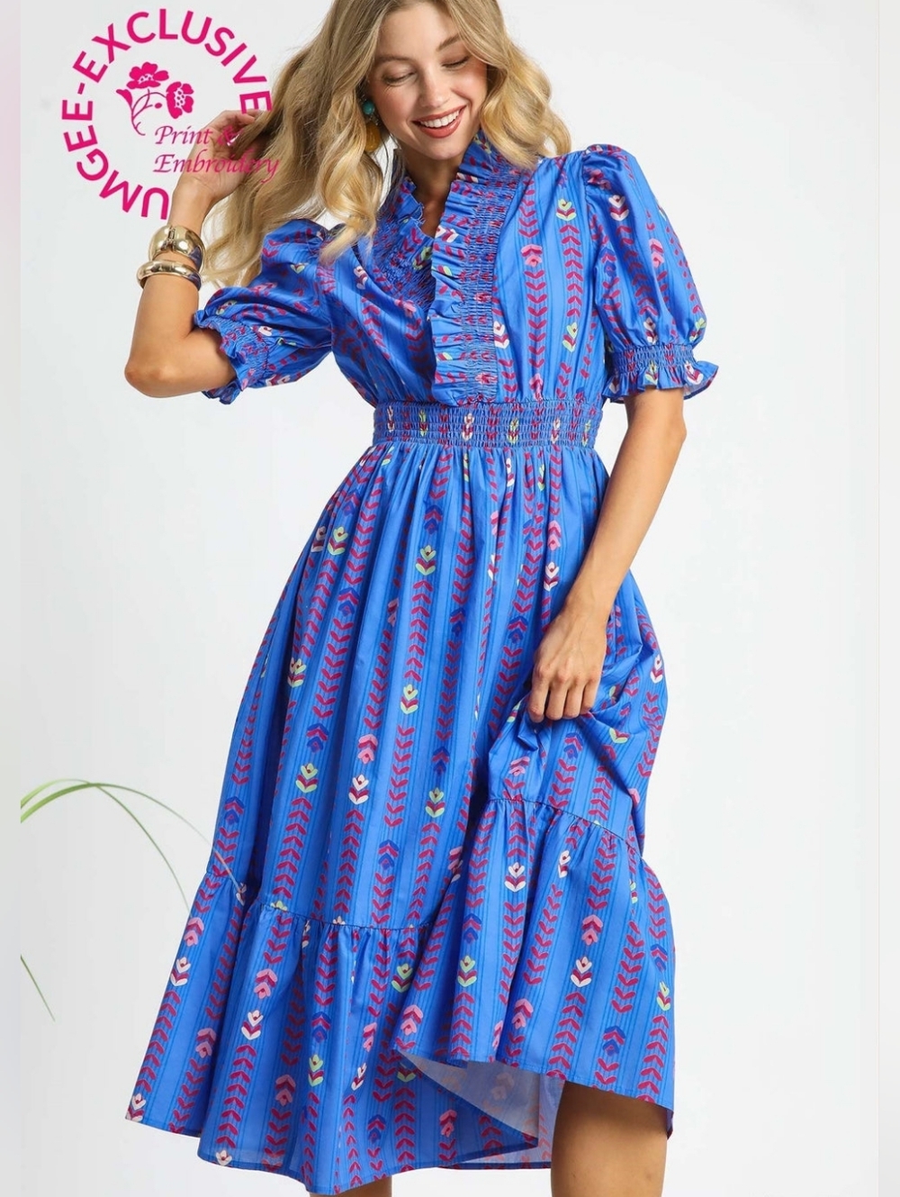 NWT Umgee Spring Midi Dress BLUE  Medium